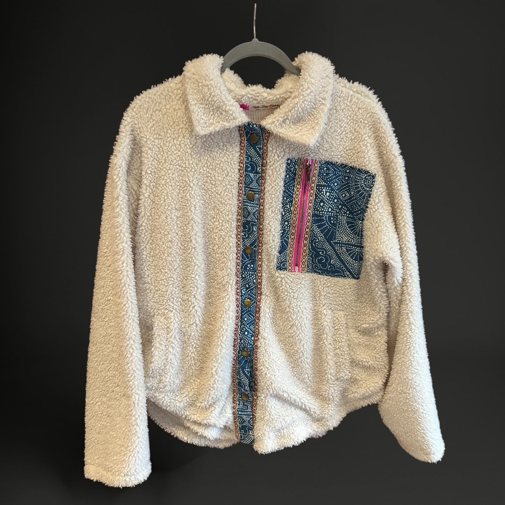 Free People Cream Teddy Jacket with Blue Accents